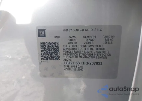 2019 Chevrolet Malibu Lt из США, поврежденный, VIN 1G1ZD5ST1KF207831